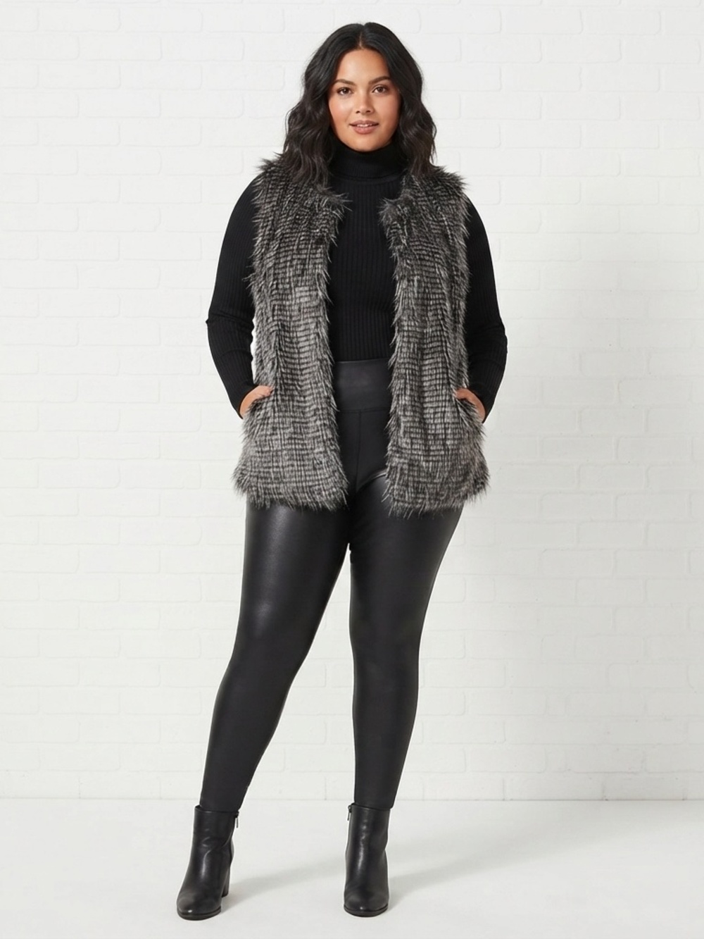 Torrid Gray & Black Striped Shaggy Faux Fur Vest Plus Size 0 L/XL
